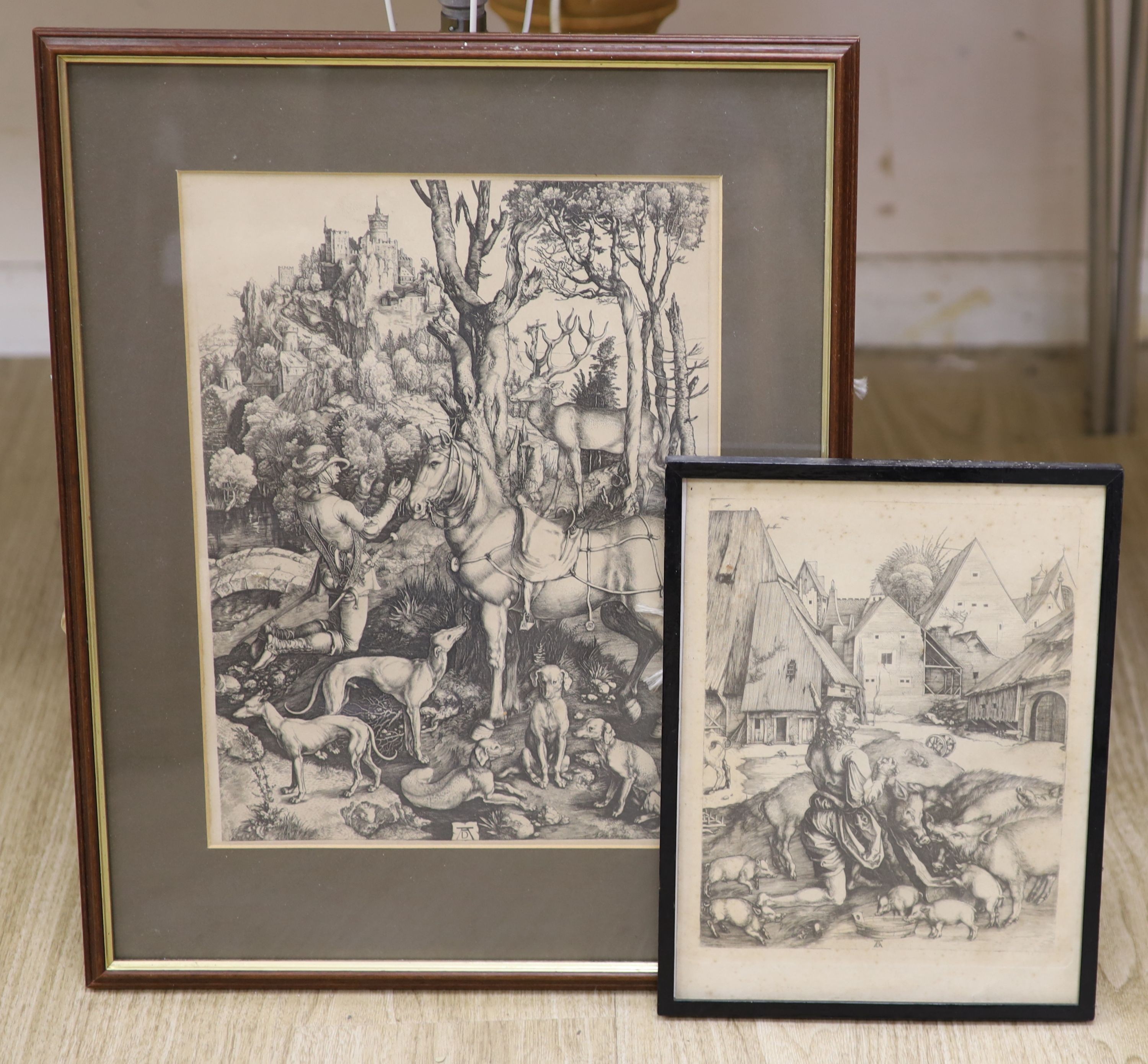 After Albrecht Durer, two photolithographs, 'The Prodigal Son' and 'Saint Eustace', 28 x 22cm and 36 x 27cm